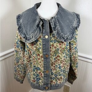 Unilexi Floral Denim Jacket Oversized Collar Ruffle Floral Tapestry Women Size M